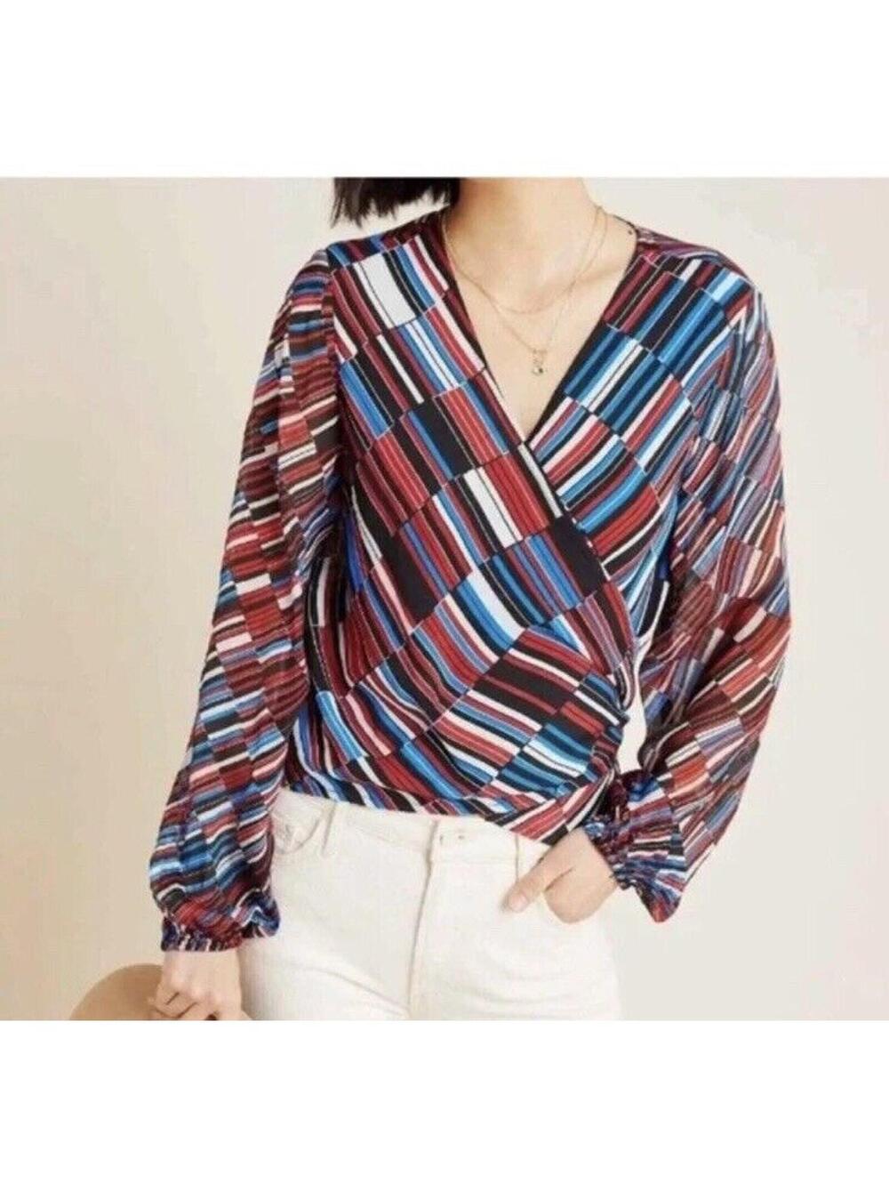 Anthropology Conditions Apply Laurie Deco Wrap Blouse Red White Blue Size XL